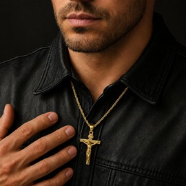 LiteVibe 14K Gold Rope Chain Crucifix Style Cross Pendant Necklace 3MM Cross Necklace for men