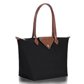 BOJLY Tote Bags for Women Stylish Waterproof Nylon Ladies Shoulder Bag Top Handle Handbag Folding Beach Travel Bag for Work,Shopping, School Black Large