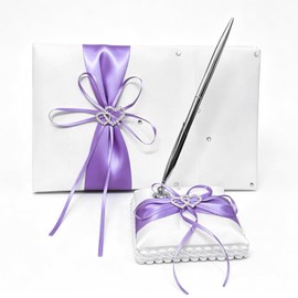 COSLANLEE Wedding Guest Book and Pen Set with Purple Satin Bow, Mr. and Mrs. Our Wedding, Blank Lined Pages for Visitor Register Sign-in Book for Events, 9 x 6.3 inches