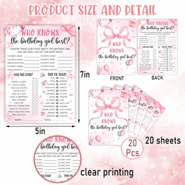 MUZRUYOU Who Knows The Birthday Girl Best, Pink Party Game Card Set, 5x7 inch, Pink Bow Theme Girls Sleepover Party Supplies, Girls Birthday Night Game Ideas, 20 Pieces