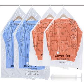 Vacuum Bags for Clothes, Set of 4 (2 Pieces 135 x 70 cm + 2 Pieces 110 x 70 cm), Hanging Vacuum Bags Space-Saving Storage for Down Jackets, Suits, Coats, Reusable Closet Organiser