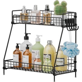 VITVITI 2 Tier Bathroom Organizer Countertop, Metal Wire Bathroom Counter Organizer Storage with Hooks, Vanity Tray Shelf, Kitchen Spice Rack, Black
