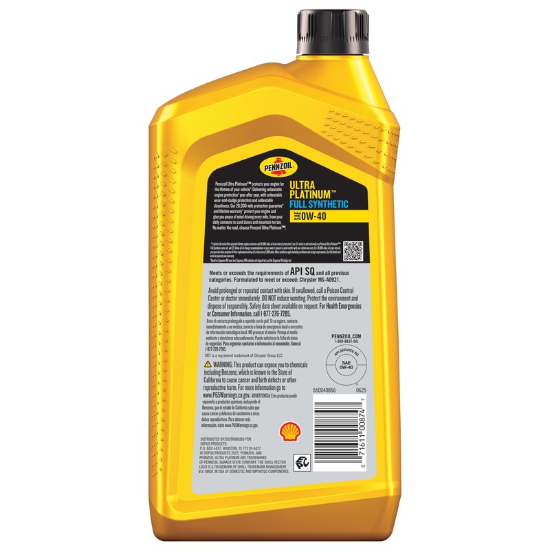 Pennzoil Ultra Platinum Full Synthetic 0W-40 Motor Oil, 1 Quart
