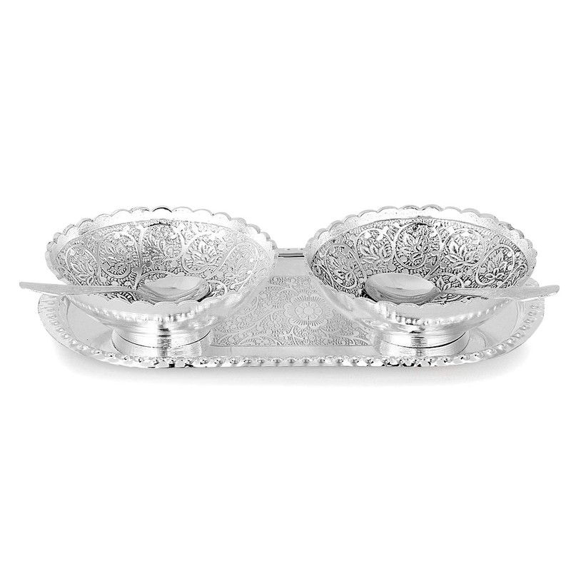 Zap Impex Engraved Silver Brass Bowl Tray and Spoon Set
