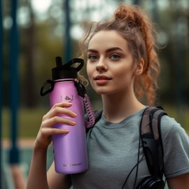 NATURE PIONEOR Insulated Water Bottles with Paracord Handle - 40 oz Vacuum Sports Wide Mouth Water Bottle with 3 Lids, Leak Proof Stainless Steel Keeps Hot and Cold