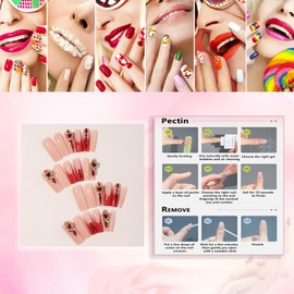 Rchovsam Xl Red French Press on Nails Long Square False Nails Red Diamond Design Fake Nails Acrylic Red Heart Press Ons Gift for Women 24pcs