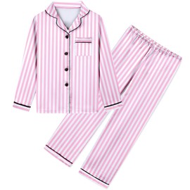 Umeyda Girls Pajamas Set, 2 Piece PJS Set Satin Silk Button Down Sleepwear Loungewear Outfit for Teen Kids Boys, Baby Pink Striped, 13-14 Years = Tag 170