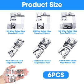 6 Pieces Stainless Steel Sewing Feet, Narrow Rolled Hem Pressure Foot Presser Foot Set (3/4/6 mm) Wide Rolled Hem Foot (4/8, 6/8, 8/8 Inch) Hem Foot Presser Foot Foot Sewing Machine Feet for Elina