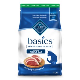 Blue Buffalo Basics Grain-Free Dry Cat Food, Skin & Stomach Care, Limited Ingredient Diet for Indoor Cats, Duck & Potato Recipe, 5-lb. Bag