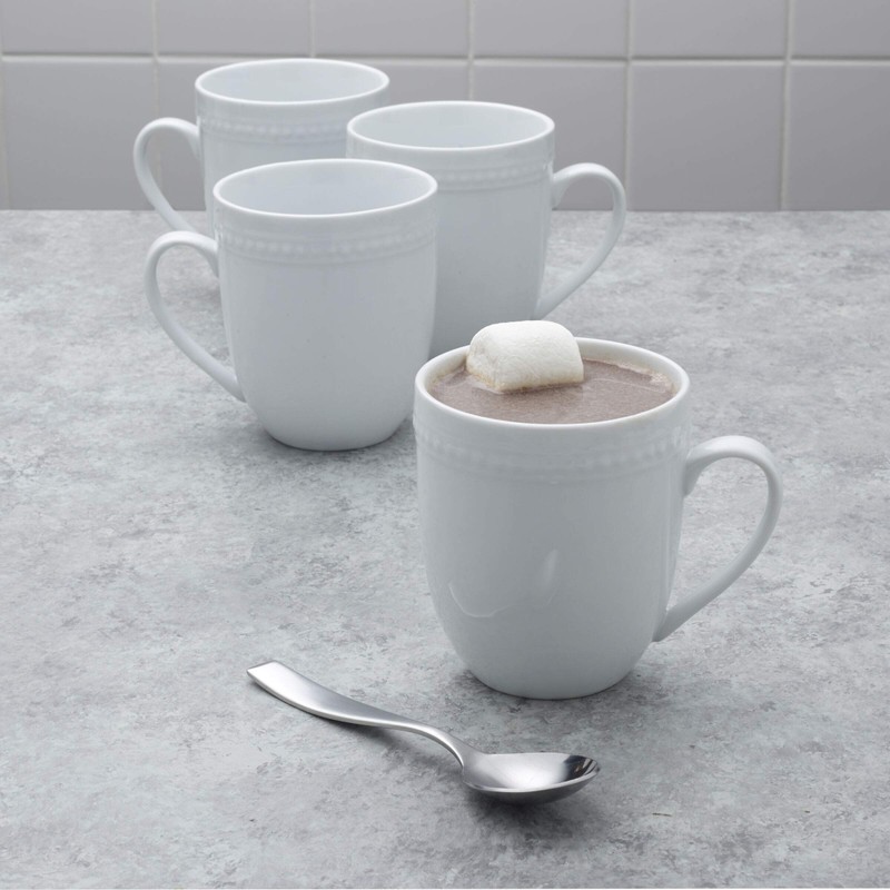 Everyday White Beaded Set of 4 Mugs, 14 ounce