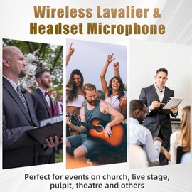 Wireless Microphone System with Headset/Lapel Lavalier Mics, 4x50 UHF Channels, OLED Screen Bodypack, Metal Receiver, 164FT Range for Church Wedding, Band Gigs, Musical Performance, Presentation