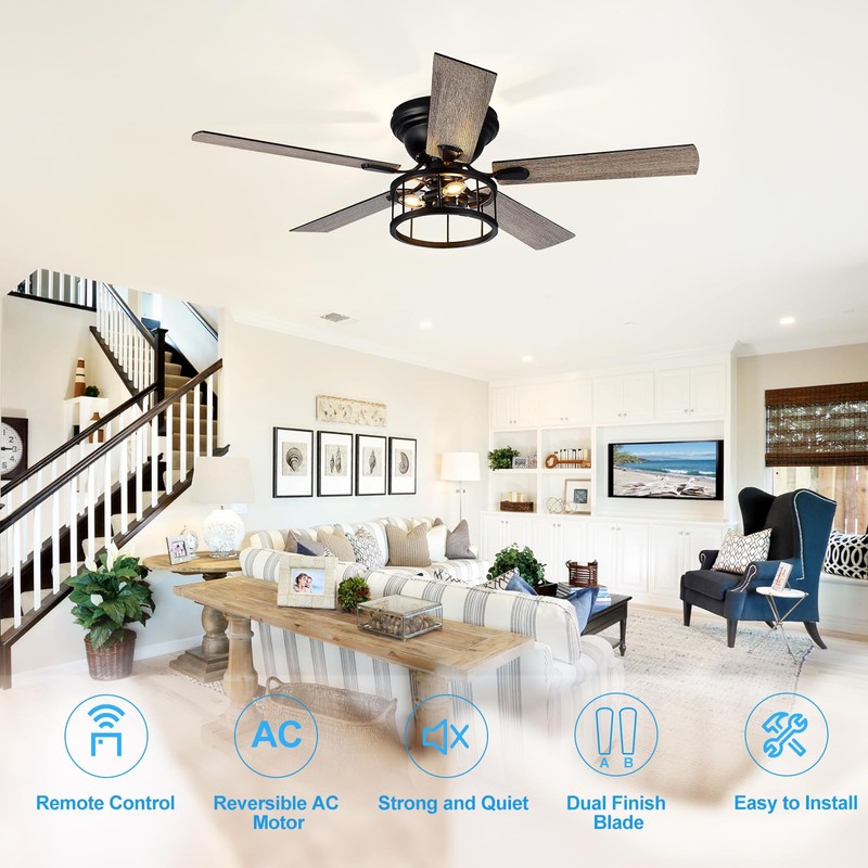 Breezary 52 Inch Flush Mount Farmhouse Rustic Ceiling Fan with
