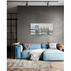 Rtriel Brooklyn Bridge Wall Art for Living Room Gray Cityscape Bedroom Painting Abstract City Wall Decor 40x20 Inch
