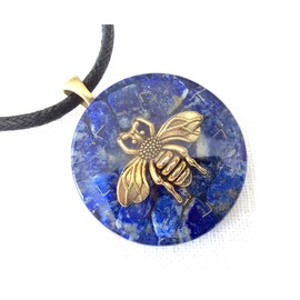 Orgone pendant necklace with golden Bee & Lapis Lazuli stones. Made in USA