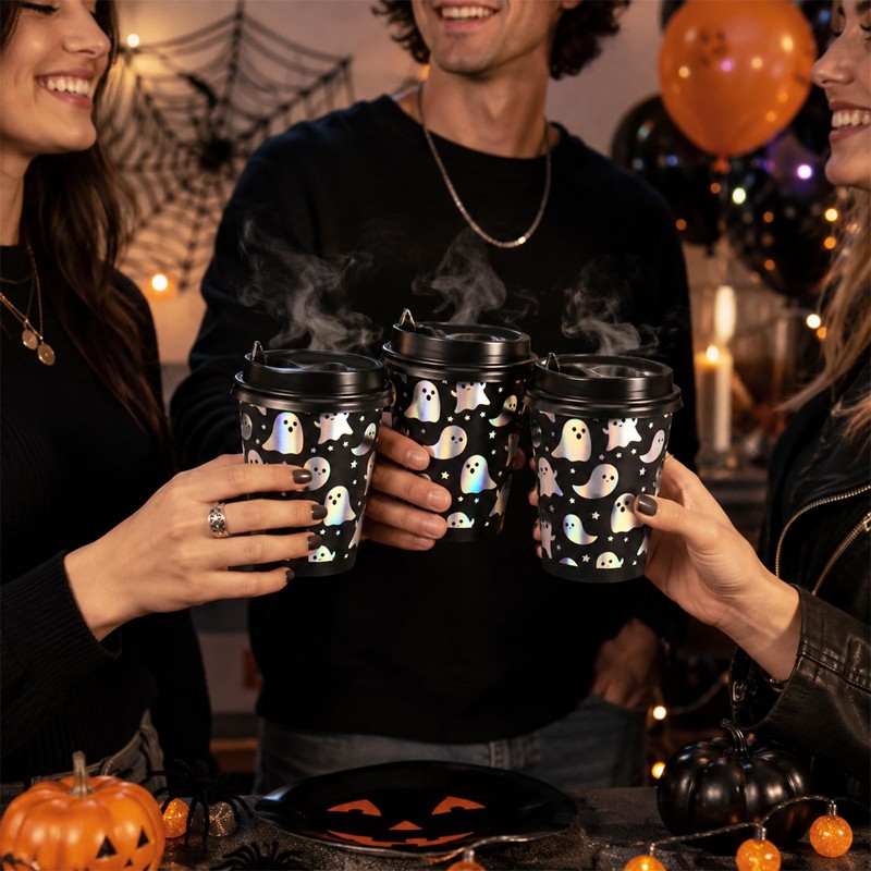 50 Set Halloween Disposable Coffee Cup & Lid, 8oz Holographic