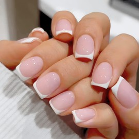 COLORBIRD Nail Tips, Short, 24 Pieces, Pink, French Nails, Flesh Tips, Short, Cute, Square Off (W900)