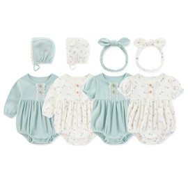 MAMIMAKA Newborn Baby Girl Clothes 4 Pack Cotton Bubble Rompers Infant Outfit Floral Long Short Sleeve Bodysuits, 9-12 Months