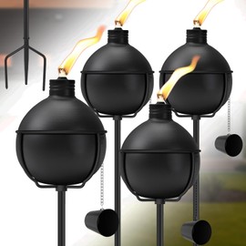 MQKIWAO 4 Pack Outdoor Citronella Torches, 25 oz Garden Torch for Outside, 55 Inch 3-Prong Grounded Stake Outdoor Metal Torches for Garden, Patio, Party, Landscape Decor (Black) ﻿ ﻿