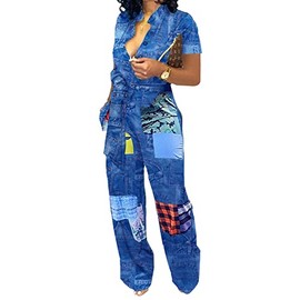 Xinlees Work Jumpsuit for Women Casual V Neck Short Sleeve Printed Elegant Buckle Rompers Straight Club Outfits With Pockets Belt(Blue,X-Large)