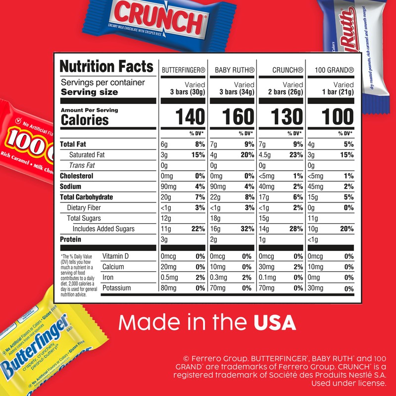 Butterfinger, CRUNCH, Baby Ruth, 100 Grand Minis, Assorted Candy Bars,