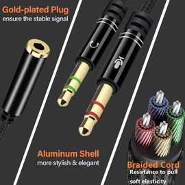 Multibao Headphone Splitter For Computer 3.5mm Female to 2 Dual 3.5mm Male Headphone Mic Audio Y Splitter Cable for Gaming Headsets to PC Adapter - Black, 25cm