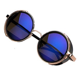 Unisex Round Steampunk Sunglasses Mirrored 50s Glasses Cyber Goggles MFAZ Morefaz Ltd (Blue Mirrored)