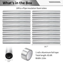 16 PCS Pipe Insulation Foam Tubes, 1.4 Inch Self-Adhesive Insulation Foam Wraps for Pipes, Pre-Slit Insulated Foam Tubes with Aluminum Foil Tape（1.96Inch*65.6Ft）for Indoor Outdoor Pipes（1.4Ft*1.4Inch）