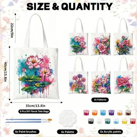 NUOLUTH Canvas Tote Bags Painting Kit for Adults, DIY Bags Making kit with 6 Pcs 15.8''x 13.8''Canvas Tote Bags, 6 Pack Paintbrushes Paints and Palettes for DIY Party Team Building Activity Women