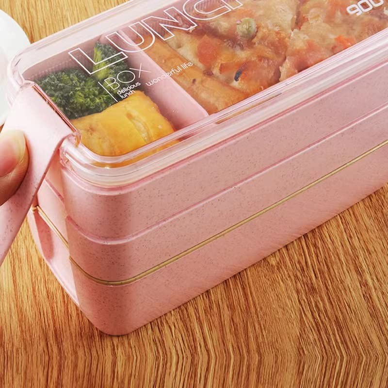 Mejiwasmi Portable Bento Box, 3-layers Lunch Box, 900ML Wheat Straw