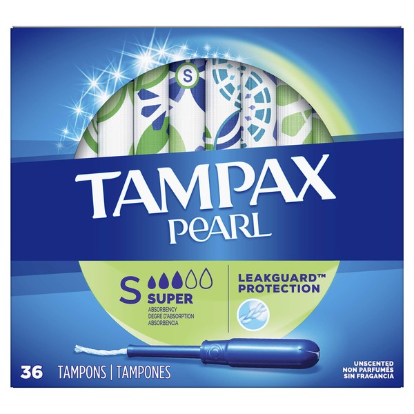 Tampax Pearl Tampons with Plastic Applicator, Super Absorbency, Unscented, 36 Count- Pack of 2 (72 Count Total)