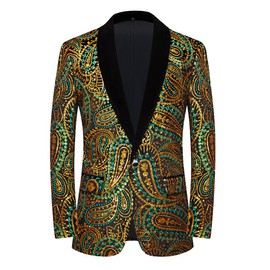 PYJTRL Men's Shiny Sequins Suit Jacket Classic Floral Suit Jacket Fashion, Suitable for Parties, Weddings, Banquets, Proms,Green Gold,S