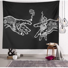 Wandteppich Weiß und Schwarz Blumenhände, Funny Hippie Boho Neuheit Wandteppich Wandbehang, Art Decor Print Stoff für Schlafzimmer Wohnzimmer College Dorm,60×52 inch (150×130 cm)