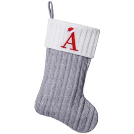 Yehnois 19.5-inch Grey Knit Monogram Christmas Stockings.Personalized Initial Christmas Stocking, Family Holiday Xmas Party Decor,Letter A