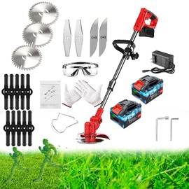 Weed Wacker, Electric Weed Wacker Cordless Trimmer,Grass Trimmer Stingless Lightweight Grass Weedeater Battery Powered 3 Types Blades,2 Batteries, 1 Chargerfor Lawn, Yard, Garden (red)