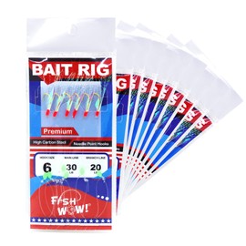 10pks Fish WOW! Size 6 Fishing Bait Rigs Premium Quality Gold 6-Hook Piscatore Lure with Red Head & Glow Beads and Ball Bearing Swivel Interlock snap connectors