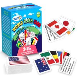 Zastic! World Flags Flashcards - 245 Country Flags, Capitals, Languages & Continents - Gloss Laminated Kids Geography Flash Cards