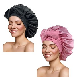 2 Pzs Gorro de Dormir de Satén,Gorro de Dormir de Seda Suave,Adecuado para Cabello Rizado,Liso,Largo y Corto,Transpirable,Diadema Ancha Ajustable,Negr