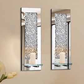 Pibeyer Crystal Crush Diamond Wall Candle Holder Set of 2, Rectangle Silver Mirrored Candle Sconces, Home Wall Decoration for Living Room,Dining Room & Bedroom
