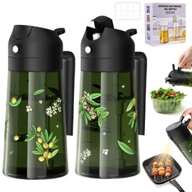 COOLMI Oil Sprayer for Cooking - 16oz/470ml, 2-IN-1 Food-Grade Glass Olive Oil Dispenser Bottle for Kitchen Gadgets, Air Fryer, Salad, BBQ - Set of 2 Oil Sprayer With Sticker (Black)