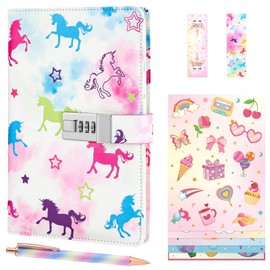 WERNNSAI Kids Diary Set Girls Unicorn Diary with Lock Teens Secret Journal Set Waterproof Leather Diary for Girls Teens A5 Journal Gift Set with 6 Stickers Papers 1pc Bookmark and 1pc Writing Pen
