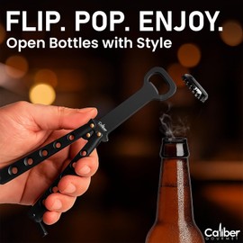 Caliber Gourmet Butterfly Knife Bottle Opener | Cool Balisong Trainer Butterfly Knife Trainer Multitool Beer & Bottle Opener | Bartender Supplies | Perfect Bar Key Tool | Tactical Bar Tool - Black