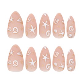 Kaichen Press On Nails - Ocean & Shell & Stars Medium Almond Nails | 12 Sizes - 24pcs Nail Kit with Adhesive Tabs