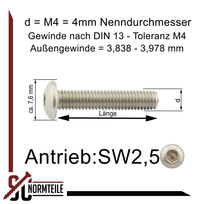 SC-Normteile SC7380-1 Rounded Head Screws with Hexagon Socket - M4