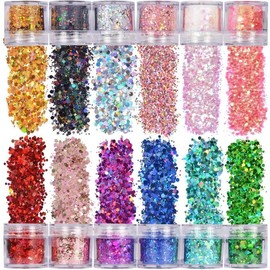 Genérico Purpurina holográfica Suelta para Rostro, Cuerpo, Cabello, Ojos y uñas. Purpurina de Resina para Festivales, Maquillaje con Estrellas y hexágonos, 12