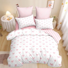 Bow Duvet Cover Queen Size Pink Striped Heart Bedding Set Cute Love Heart Printed On White Comforter Cover with Zipper Closure Soft Breathable Microfiber for Kids Girls