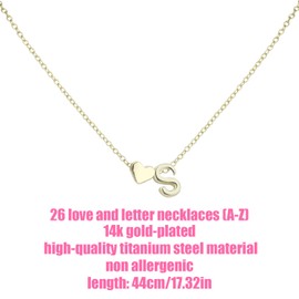 Women's Gold Heart-Shaped Letter Necklace, Gold-Plated Heart-Shaped Letter Necklace Gold Heart Initial Necklace Birthday Gift Valentine's Day Present for Women Girls (S)