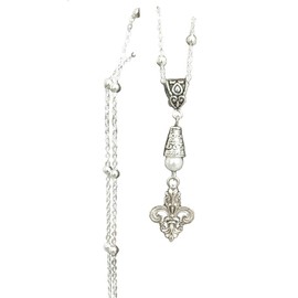 Handmade Fleur De Lis Necklace on a Sterling Silver Chain with a White Glass Round Bead Accent