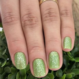 IMRAIN Green Press on Nails Short Square Fake Nails with Glitter Design Glossy Full Cover Acrylic Squoval False Nails for Women Girls Spring Glue Stick on Nails 24Pcs