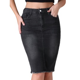 CIMUK Women's Denim Skirt Raw Hem High Waisted Pockets Stretch Knee Length Jean Skirts XX-Large Black