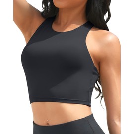 Yonique Women Bikini Top Only Crop Swim Top Longline Swimsuit Tops High Neck Bathing Suit Top Black Small